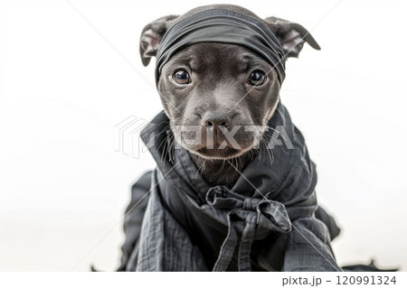 Happy Dog wearing Ninja costumes, studio lighting, isolated on white background, stock photographic style Happy Dog wearing Ninja costumes, studio lighting, isolated on white background, stock photographic style 120991324