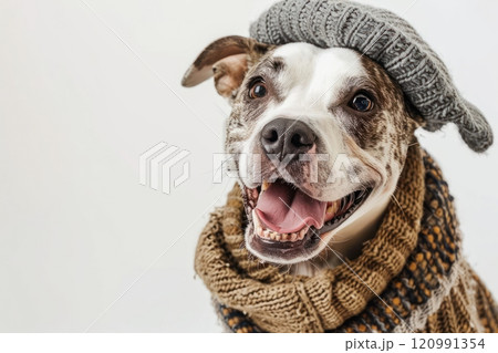 Happy Dog wearing Reporter costumes, studio lighting, isolated on white background, stock photographic style 120991354