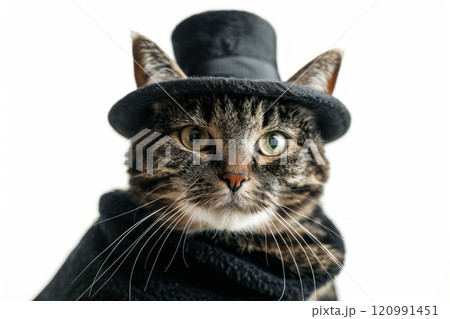 Happy cat wearing Magician costumes, studio lighting, isolated on white background, stock photographic style 120991451