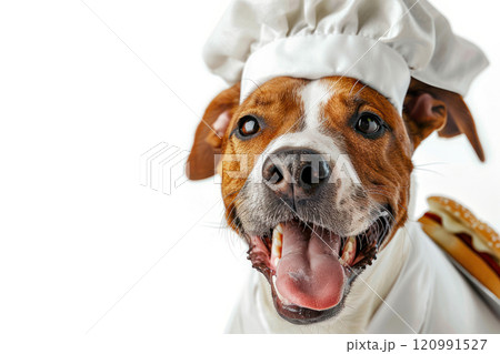 Happy Dog wearing Baker costumes, studio lighting, isolated on white background, stock photographic style 120991527