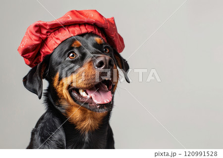 Happy Dog wearing Baker costumes, studio lighting, isolated on white background, stock photographic style 120991528