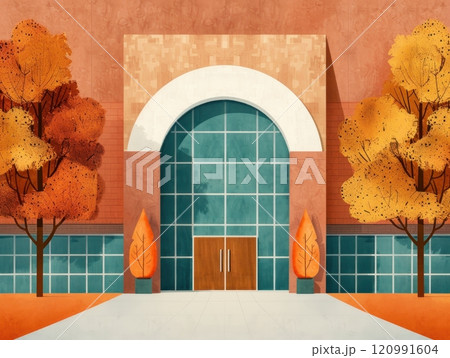 A modern building with a large arched entrance surrounded by fall foliage. 120991604