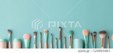 Makeup brushes on a light blue background. 120991661