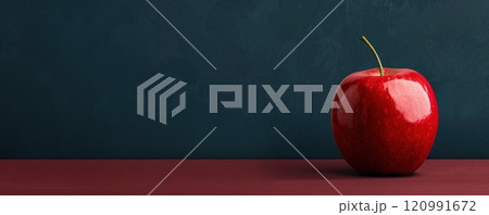 Red apple on wooden table against blue background. 120991672