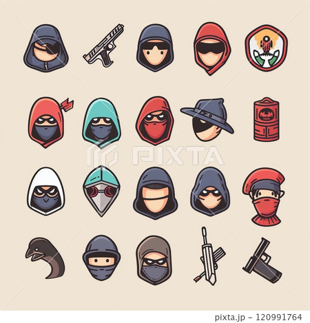 Thief icon, criminal person sign, bandit in mask, burglar silhouette, killer, gangster or robber in balaclava 120991764