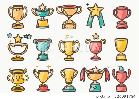 Trophy cups, golden goblet, silver reward, champion bowls. Contest winner award collection, prize cup 120991784