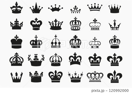 Crown icon, king symbol, princess black sign, queen, royal emblem, royalty, minimal crown logo isolated 120992000