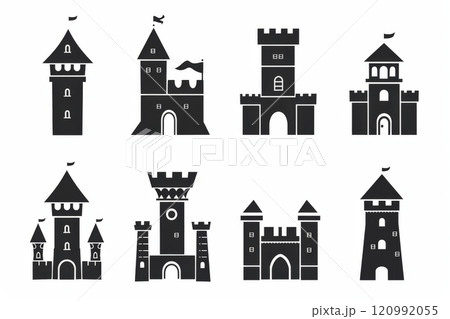 Castle icon, fairy tale forts, old towers, medieval castles, kingdom symbol, king home, fairytale fortress Castle icon, fairy tale forts, old towers, medieval castles, kingdom symbol, king home, fairytale fortress 120992055