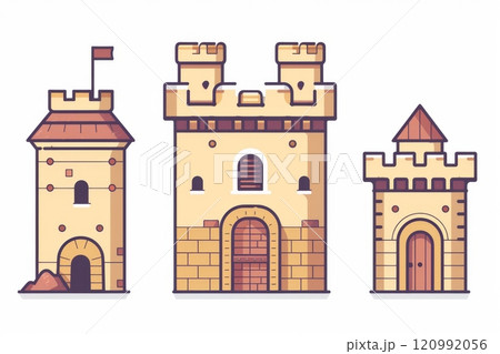 Castle icon, fairy tale forts, old towers, medieval castles, kingdom symbol, king home, fairytale fortress 120992056