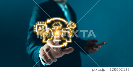 man holding ai auto chat bot. Big data center storage.Digital Artificial Intelligence technology disruption concept. We are implementing storage technology support and service in the business. 120992182