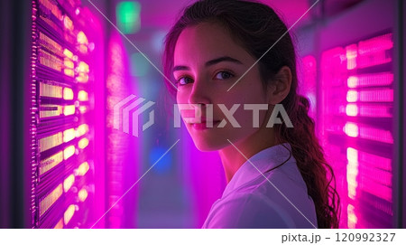 Researchers engage innovative experiments cutting edge biotech lab environment. sterile space features advanced equipment illuminated bright lab lighting. 120992327