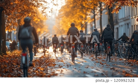 Groups cyclists ride dedicated bike path surrounded trees adorned autumn leaves. warm morning light creates inviting atmosphere eco friendly commuting. 120992328