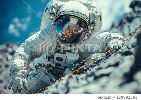 astronaut performs spacewalk spacecraft showcasing beauty Earth background. scene captures thrill exploration bright daylight. 120992368