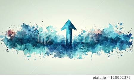 vibrant turquoise arrow points upward soft watercolor background blended blue green and purple. 120992373