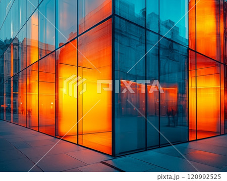 stunning modern building features reflective glass facades capture vibrant orange and blue hues golden hour. symmetry and clean lines emphasize thoughtful architectural design. 120992525