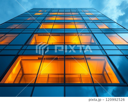 striking modern building features reflective glass facades and sharp symmetry. warm glow interior contrasts beautifully evening sky golden hour. 120992526