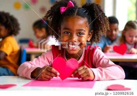 Portrait of Happy Child holding red Heart. Black curly Girl making heart-shaped paper Valentine decorations, smiling. For a school Valentine's day party 120992616