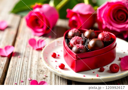 Red heart shaped box of valentine Chocolates, on a plate. Assorted of Chocolate Candies, with Roses and rose petals, on the table. Valentine's Day Illustration with Copy Space 120992617