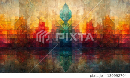vibrant geometric shape contrasts repetitive monochromatic background showcasing self assurance and balance structured environment dynamic lines and symmetry. 120992704