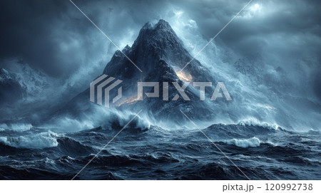 Strong and enduring shapes like mountains rise amidst dynamic storms and crashing waves illustrating resilience and ability withstand adversity challenging environment. 120992738