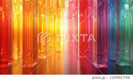 abstract representation focus showcases bright colors and defined lines converge center. Elements light and geometry create sense mental clarity. 120992749