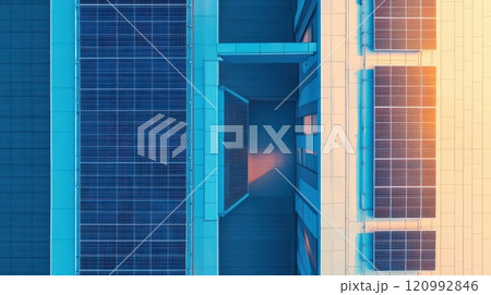 A Captivating Aerial View of a Modern Building Equipped With Solar Energy Panels 120992846