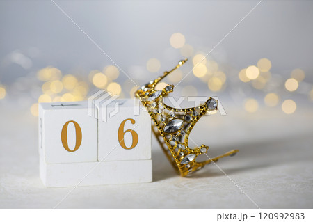 Happy Epiphany day, three kings day. Calendar with king crown on white background Happy Epiphany day, three kings day. Calendar with king crown on white background 120992983