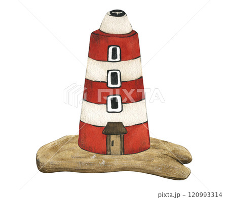 Red lighthouse on the island. Seascape element isolated on white background. Watercolor stylized children's illustration drawn by hand. Old sea lighthouse, could be used for kid posters or cards. 120993314