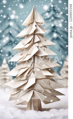 Delicate paper tree crafted with precision, surrounded by softly falling snowflakes against a dreamy blue backdrop. Captures essence of winter creativity, perfect for holiday cards, artistic projects. 120993348