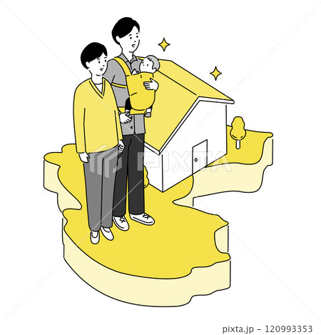 和歌山県の地図と若い家族・家のイラスト、ベクター 120993353