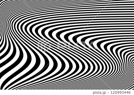 Wavy Lines Op Art Black and White Pattern with 3D Illusion Effect. 120993446
