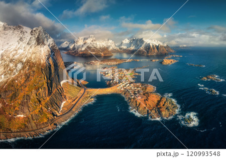 Panoramic aerial view of Reine fishing village at sunrise Panoramic aerial view of Reine fishing village at sunrise 120993548