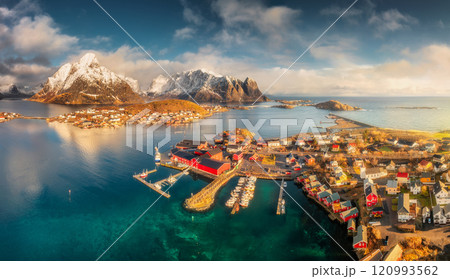 Panoramic aerial view of Reine fishing village at sunrise Panoramic aerial view of Reine fishing village at sunrise 120993562