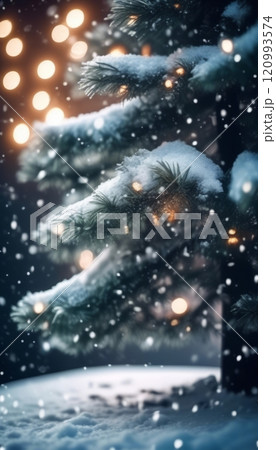 Close-up of snow-covered pine branches adorned with warm, glowing lights. Gentle snowfall creates cozy, festive atmosphere. Perfect for capturing holiday spirit and winter warmth in seasonal designs. 120993574