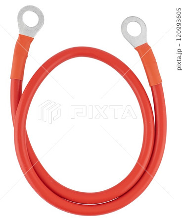 Insulated wire on ends with terminals, for battery on white background in insulation 120993605