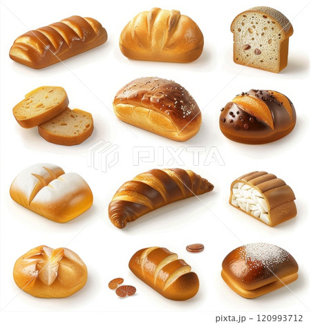 Bread loaves icon, bakery products set, 3d realistic pastry collection, baked buns, baguettes symbols 120993712