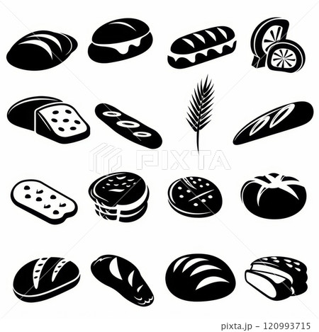 Bread loaves icon, bakery products set, flat minimal pastry collection, baked buns, baguettes symbols 120993715