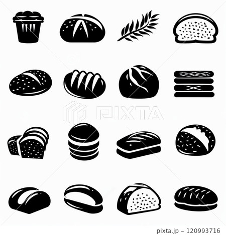 Bread loaves icon, bakery products set, flat minimal pastry collection, baked buns, baguettes symbols 120993716