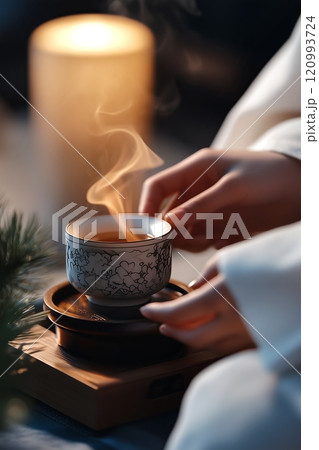 Woman's hands holding a steaming cup of tea in an intricately designed cup 120993724