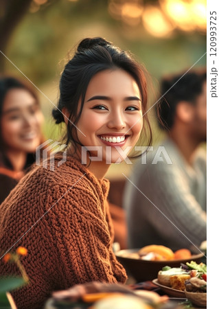 Smiling young woman in a cozy knitted sweater enjoying an outdoor meal with friends 120993725