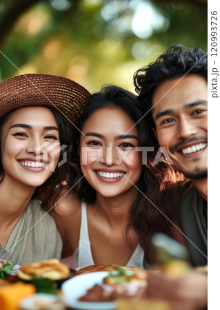 Three cheerful friends enjoying an outdoor picnic 120993726
