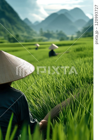 Vietnamese farmers in traditional conical hats, lush green rice fields, mountains in the background 120993727