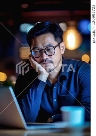 Asian man wearing glasses, working late at a laptop in a softly lit room with a cozy ambiance 120993728
