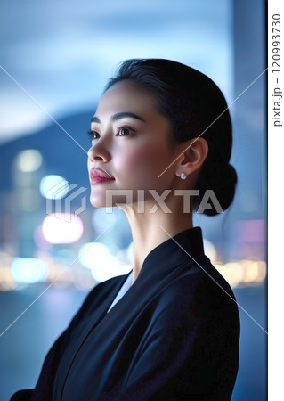 Elegant asian businesswoman gazing thoughtfully through a window at a vibrant cityscape Elegant asian businesswoman gazing thoughtfully through a window at a vibrant cityscape 120993730