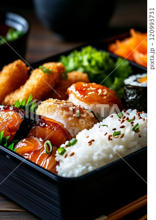 Japanese bento box with grilled salmon, rice with sesame seeds, crispy tempura, fresh greens, sushi 120993731