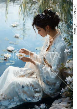 Woman in flowing white dress seated by a pond, holding tea bowl, surrounded by water lilies. 120993740