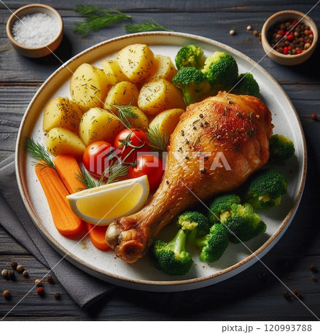 A delicious meal with roasted chicken drumstick boiled potatoes broccoli cherry tomatoes carrot sticks lemon wedge garnished with fresh dill. A delicious meal with roasted chicken drumstick boiled potatoes broccoli cherry tomatoes carrot sticks lemon wedge garnished with fresh dill. 120993788