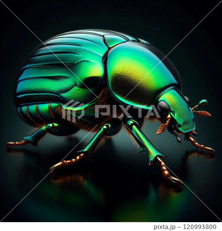 A close-up of a vibrant green metallic beetle with detailed textures and water droplets on its body against a natural background. A close-up of a vibrant green metallic beetle with detailed textures and water droplets on its body against a natural background. 120993800