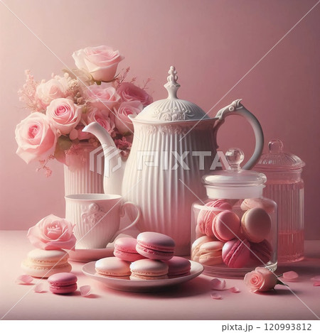 Elegant tea set with pink roses and macarons on a pastel background creating a romantic and delicate atmosphere. Elegant tea set with pink roses and macarons on a pastel background creating a romantic and delicate atmosphere. 120993812