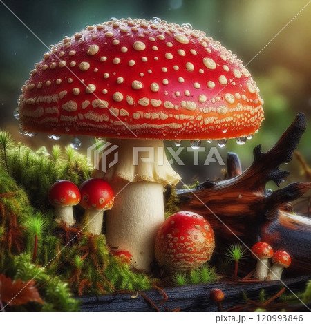 Enchanted Forest Scene Featuring Dew-Covered Amanita Mushrooms with Lush Green Moss and Fallen Tree Branch on a Misty Morning 120993846